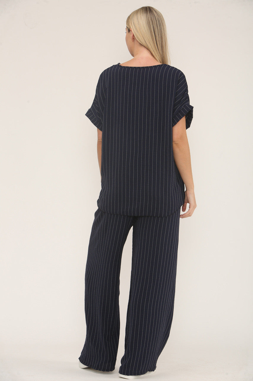 PAK VAN TOP EN BROEK MET NAAFSTREEPMOTIEF - MARINEBLAUW