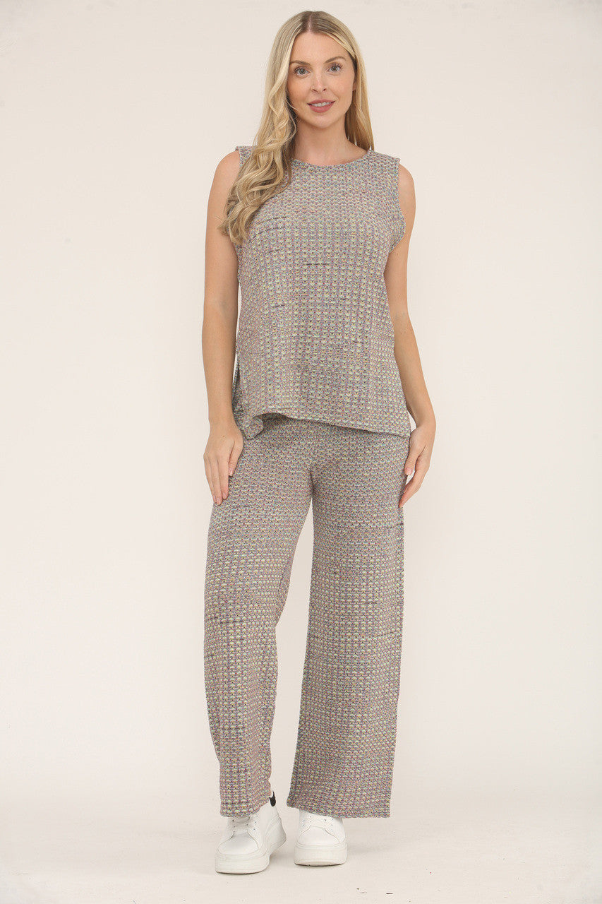 KNITTED COLOUR FLECK SLEEVELESS TOP & TROUSER SET  - NEUTRAL