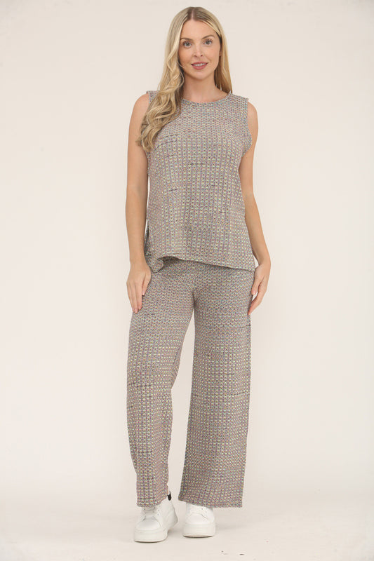 KNITTED COLOUR FLECK SLEEVELESS TOP & TROUSER SET  - NEUTRAL