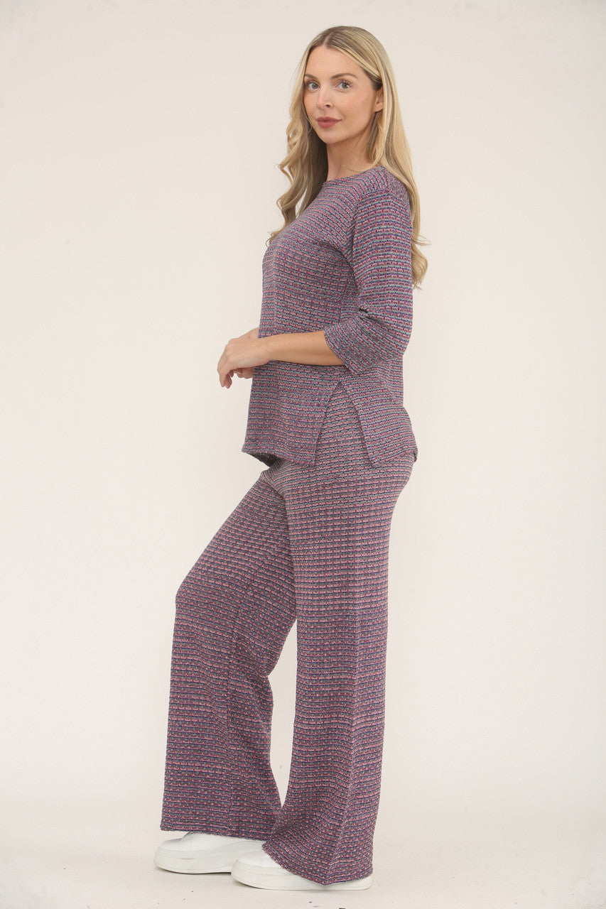 KNITTED COLOUR FLECK TOP & TROUSER SET  - PURPLE