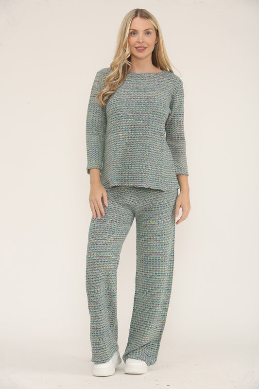 KNITTED COLOUR FLECK TOP & TROUSER SET  - BLUE