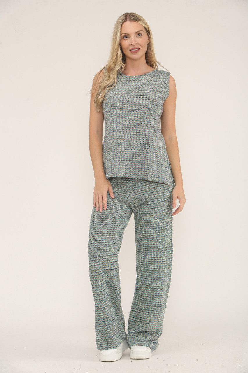 KNITTED COLOUR FLECK SLEEVELESS TOP & TROUSER SET  - BLUE