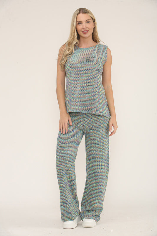 KNITTED COLOUR FLECK SLEEVELESS TOP & TROUSER SET  - BLUE
