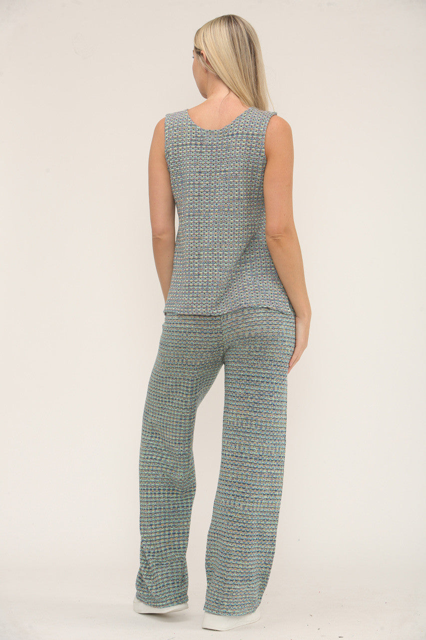 KNITTED COLOUR FLECK SLEEVELESS TOP & TROUSER SET  - BLUE