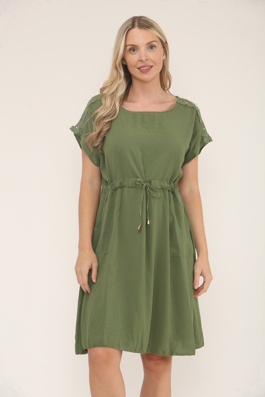 CROCHET SLEEVE DETAIL DRESS - KHAKI
