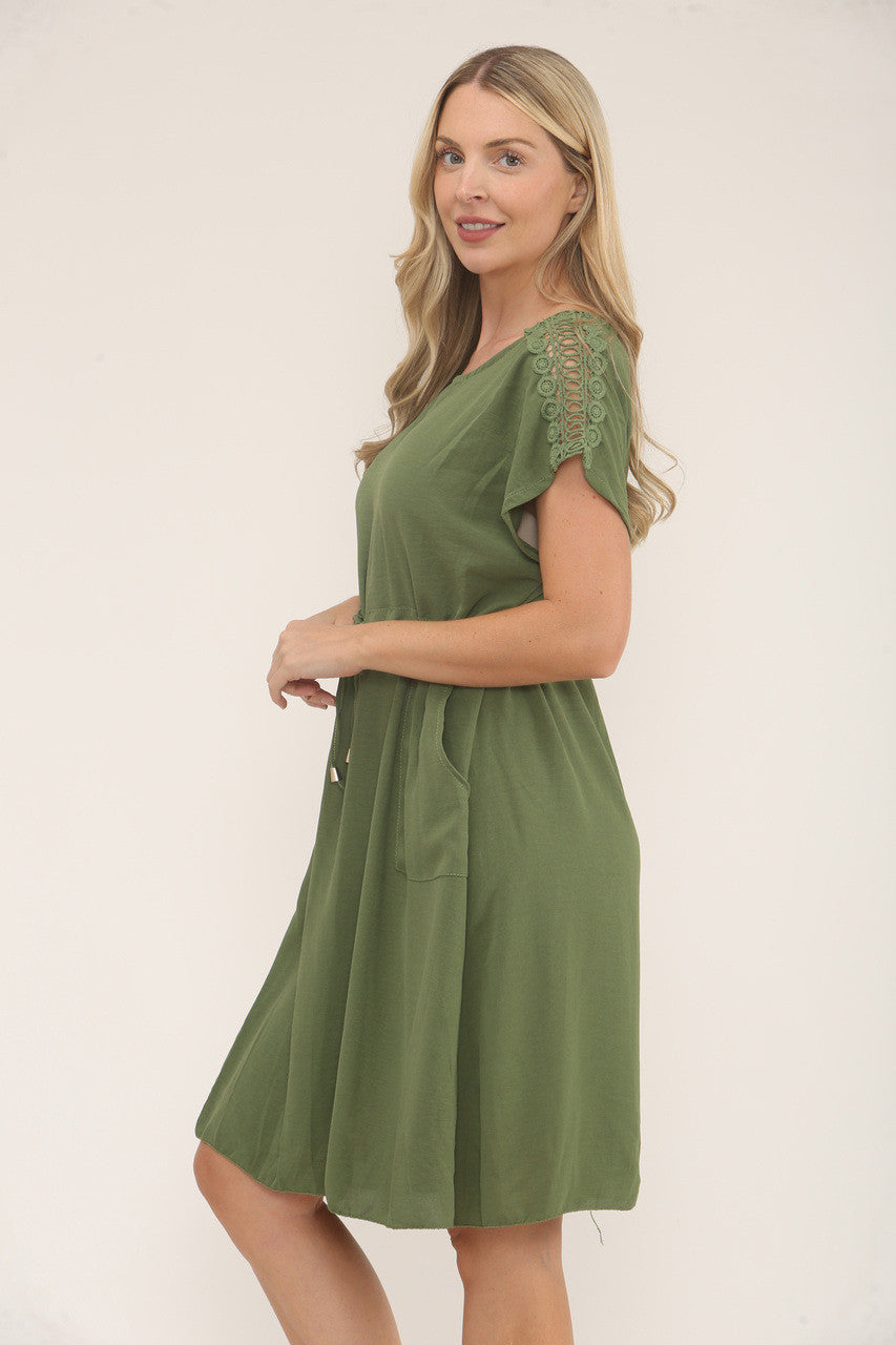 CROCHET SLEEVE DETAIL DRESS - KHAKI