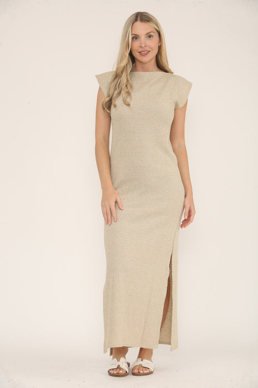 GEBREIDE JURK MET KLEURSPATTEN MAXI - BEIGE
