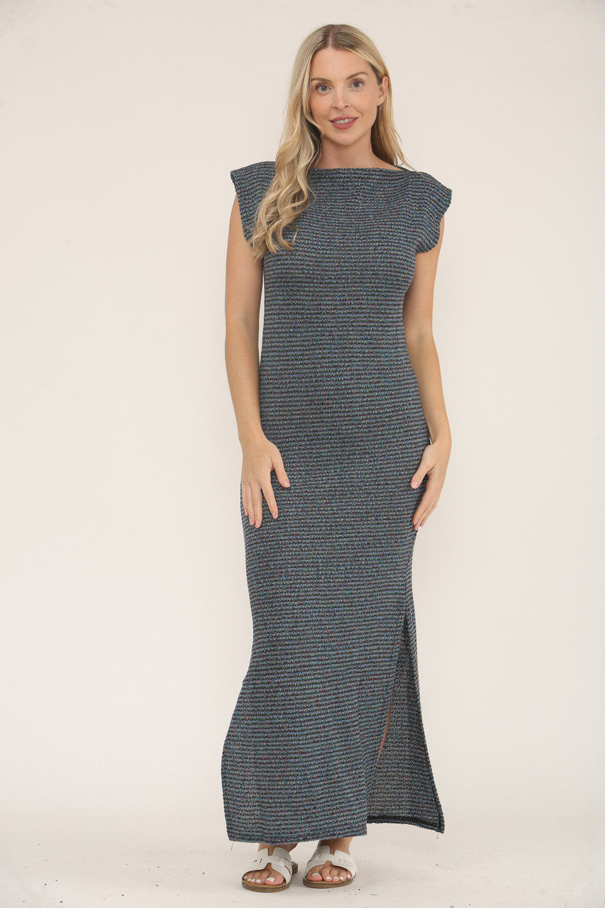 GEBREIDE JURK MET KLEURSPATTEN MAXI - MARINEBLAUW