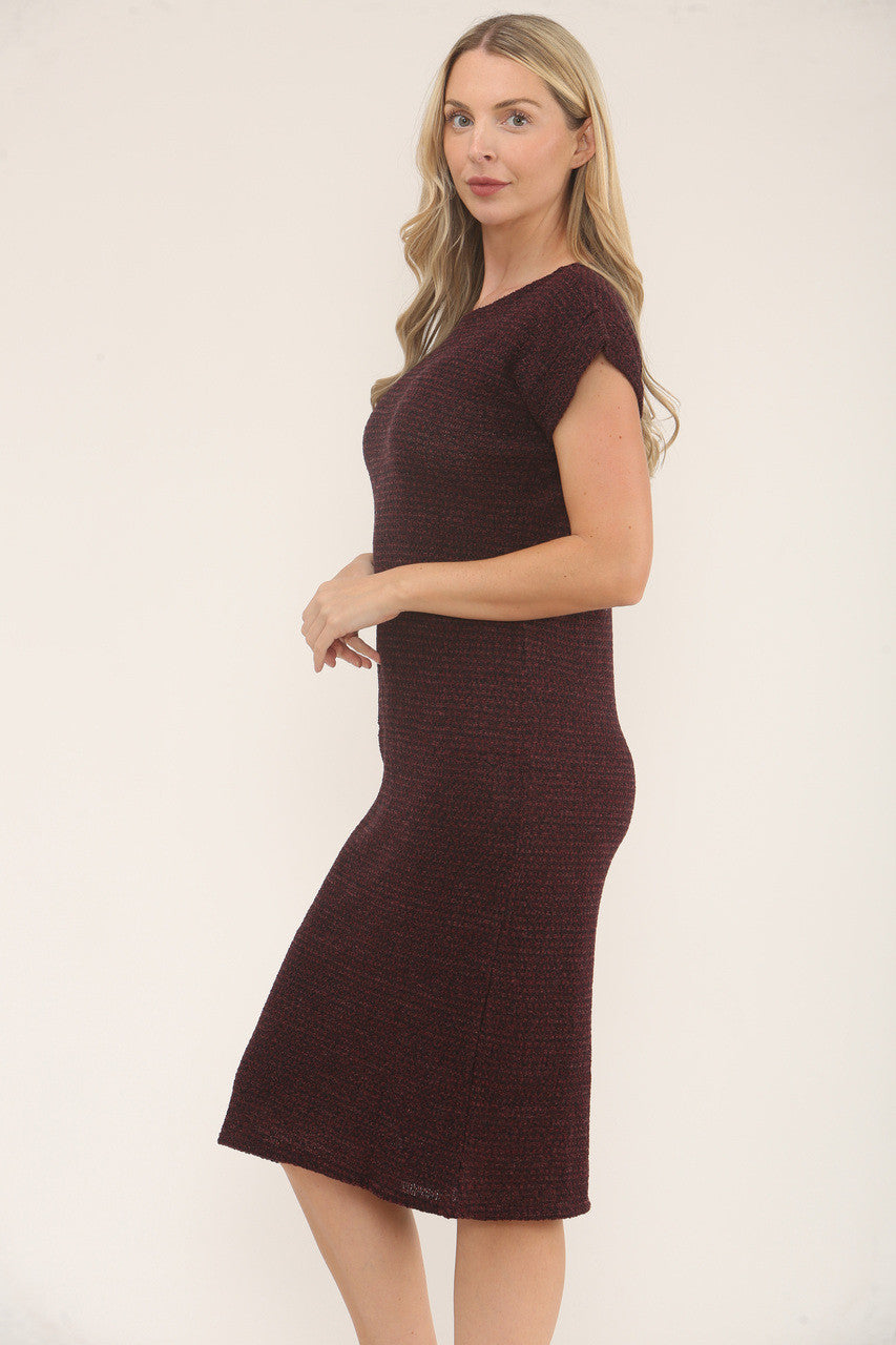 KNITTED COLOUR FLECK DRESS MIDI - BURGUNDY