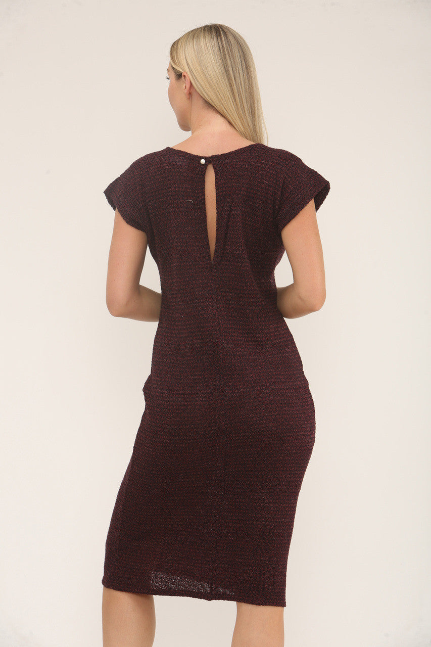 KNITTED COLOUR FLECK DRESS MIDI - BURGUNDY