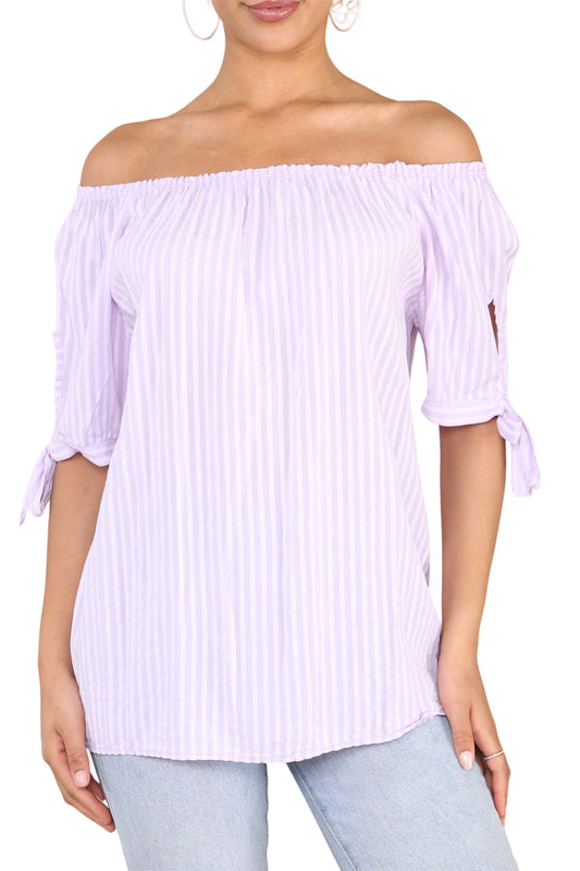 Ladies Bardot Off The Shoulder Stripe Top Lilac