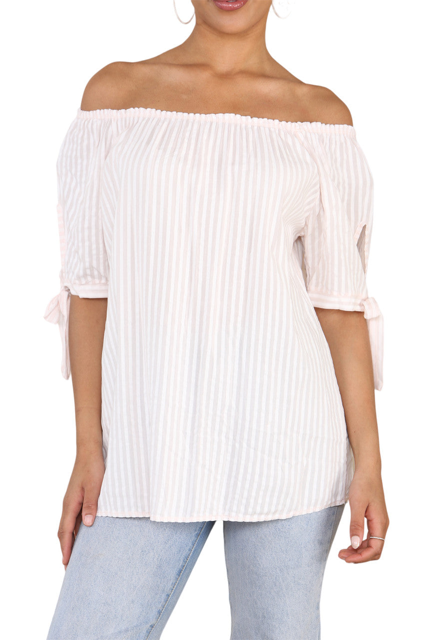 Dames Bardot Off-Shoulder Gestreepte Top Dusty Pink