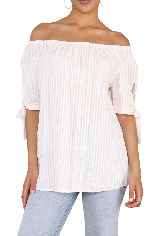 Ladies Bardot Off The Shoulder Stripe Top Dusty Pink