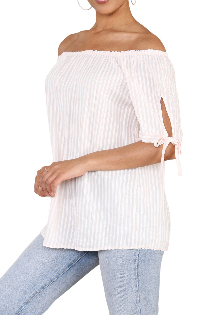 Dames Bardot Off-Shoulder Gestreepte Top Dusty Pink