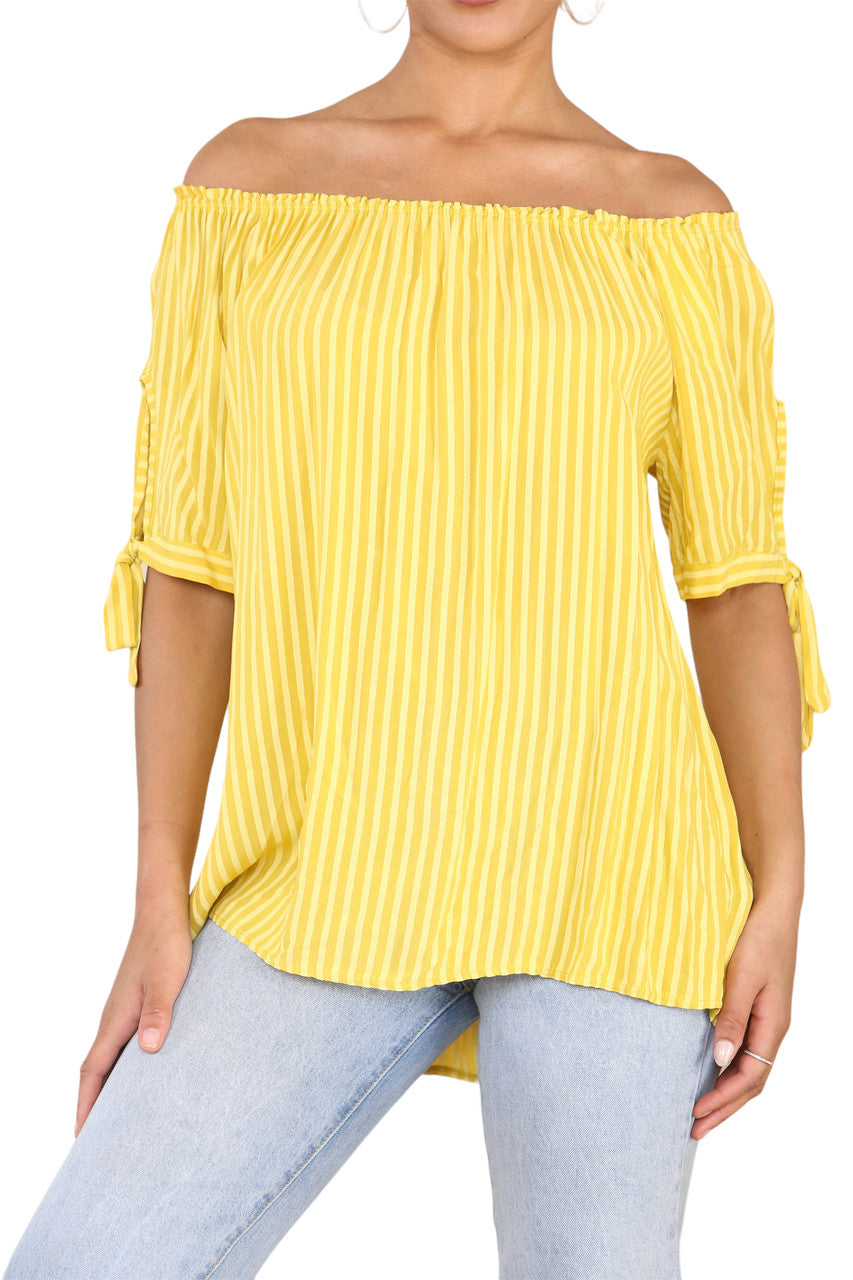 Ladies Bardot Off The Shoulder Stripe Top Yellow