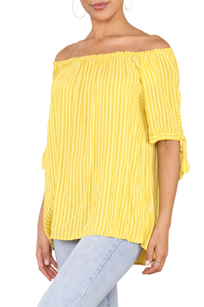 Ladies Bardot Off The Shoulder Stripe Top Yellow