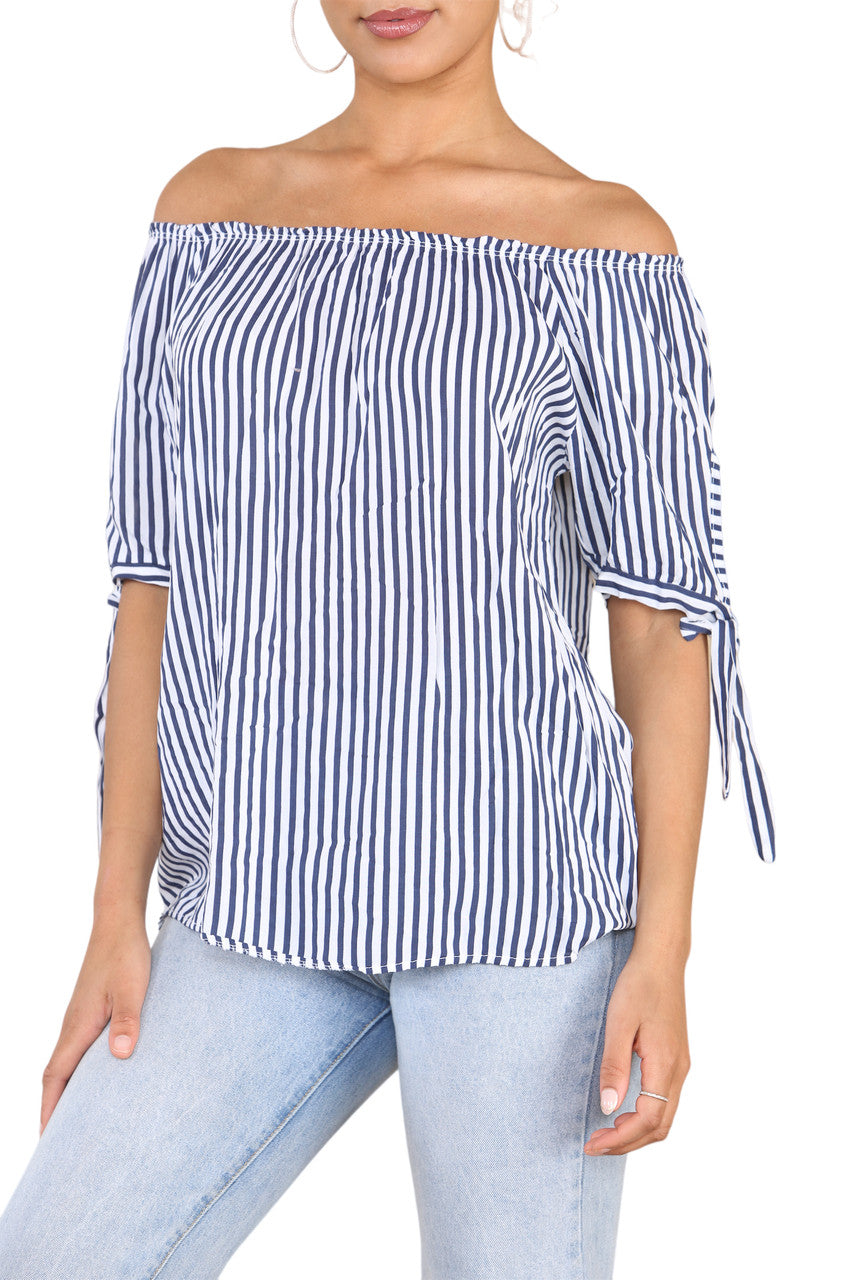 Ladies Bardot Off The Shoulder Stripe Top Navy