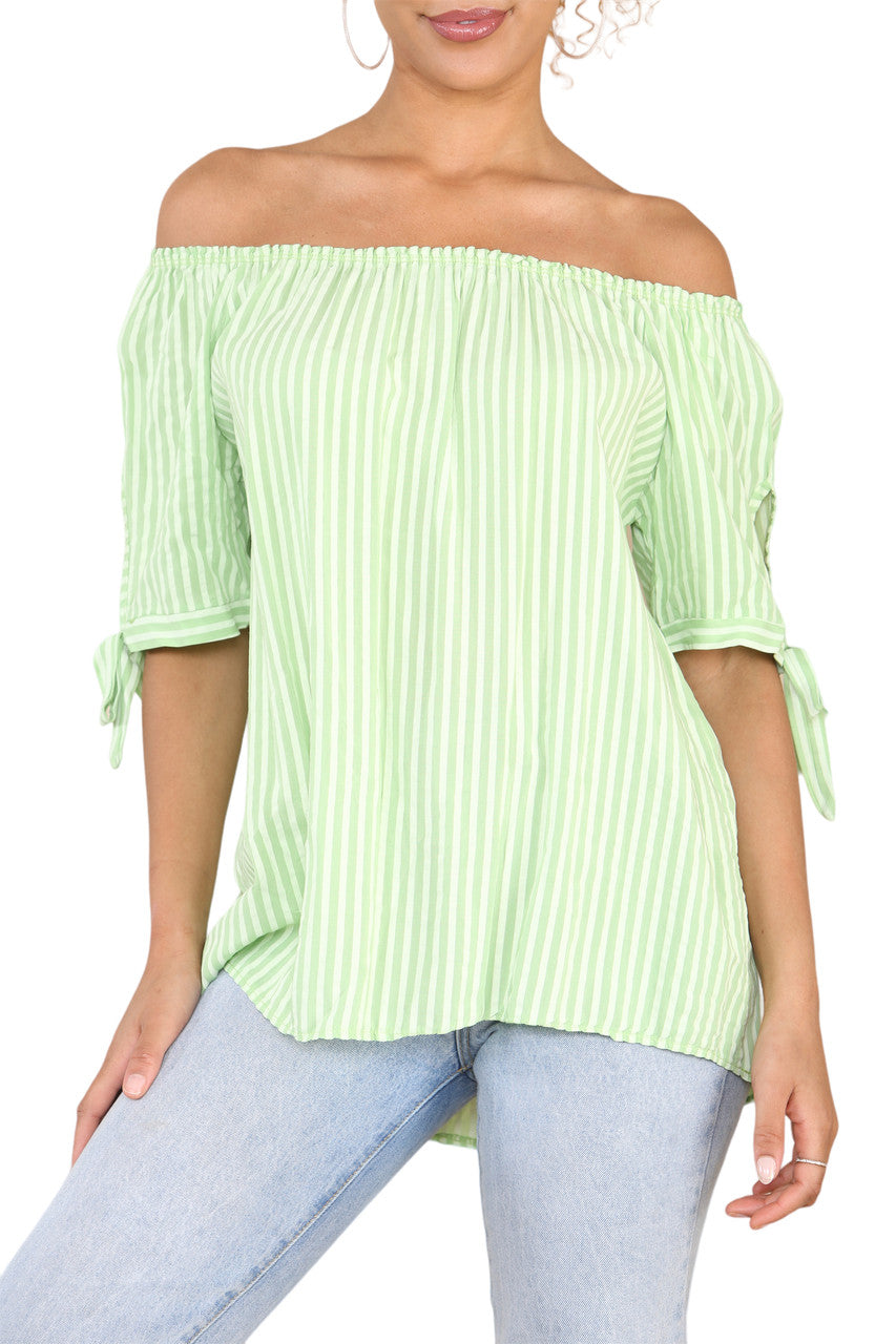 Ladies Bardot Off The Shoulder Stripe Top Lime