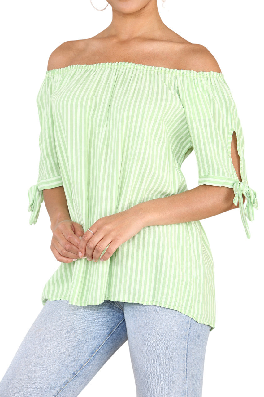 Ladies Bardot Off The Shoulder Stripe Top Lime