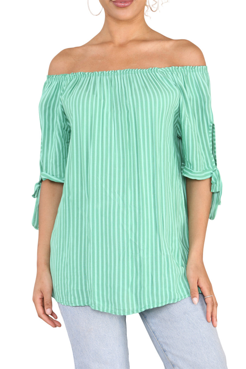 Ladies Bardot Off The Shoulder Stripe Top Green