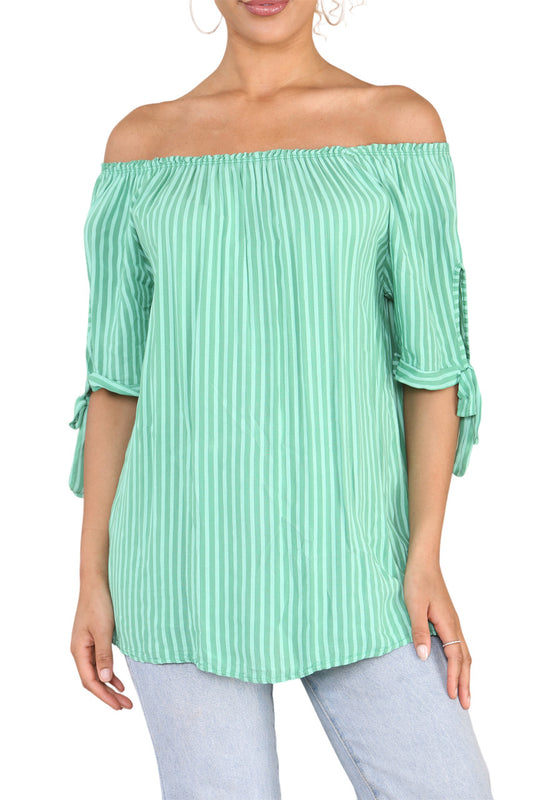 Ladies Bardot Off The Shoulder Stripe Top Green