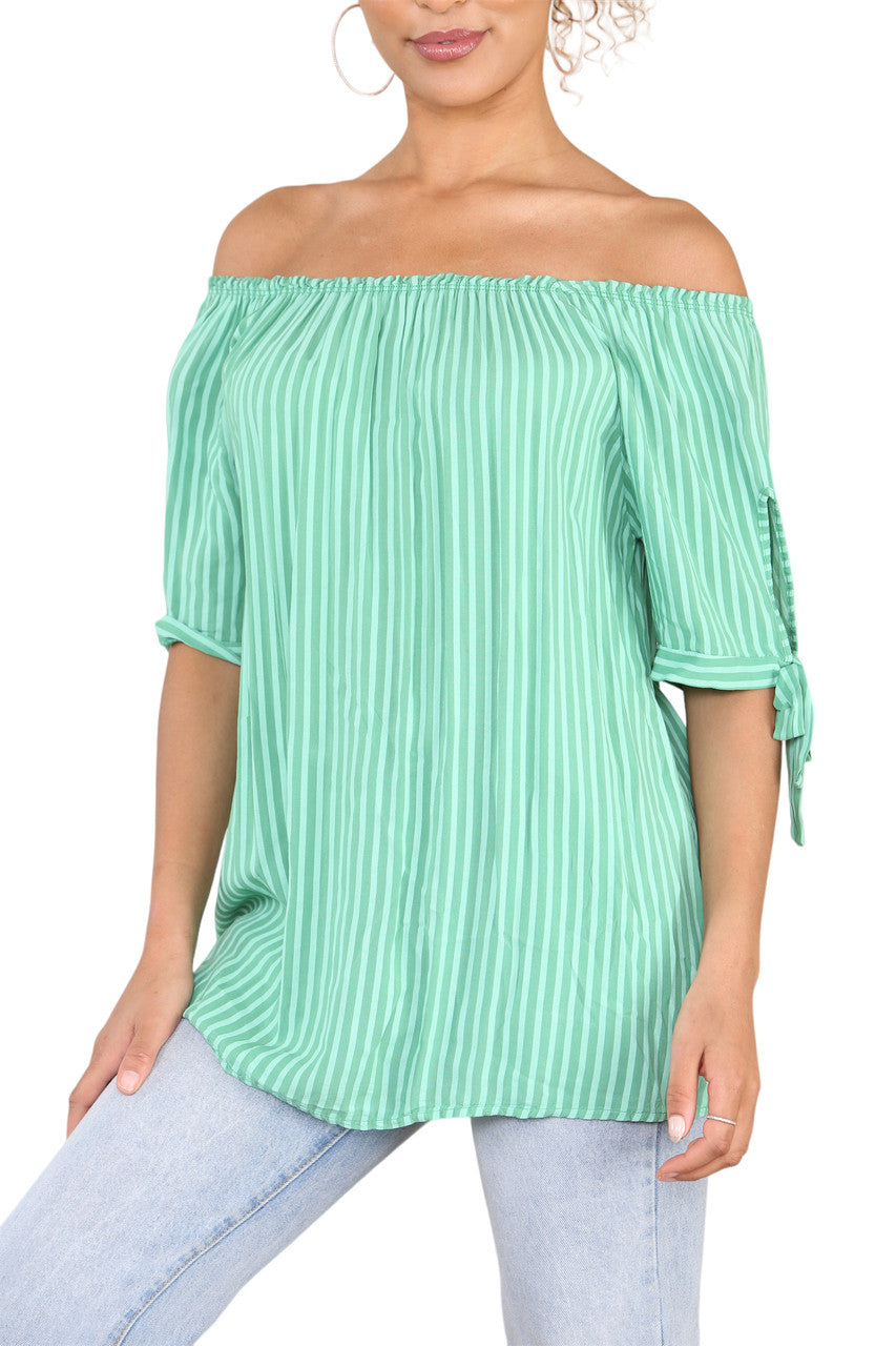 Ladies Bardot Off The Shoulder Stripe Top Green