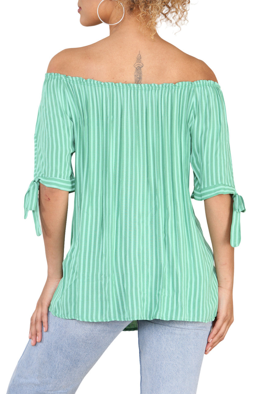 Ladies Bardot Off The Shoulder Stripe Top Green