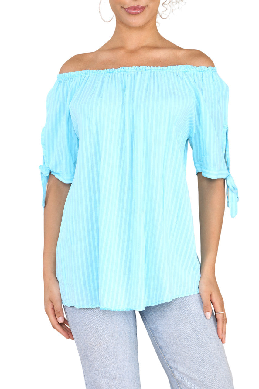 Ladies Bardot Off The Shoulder Stripe Top Turquoise