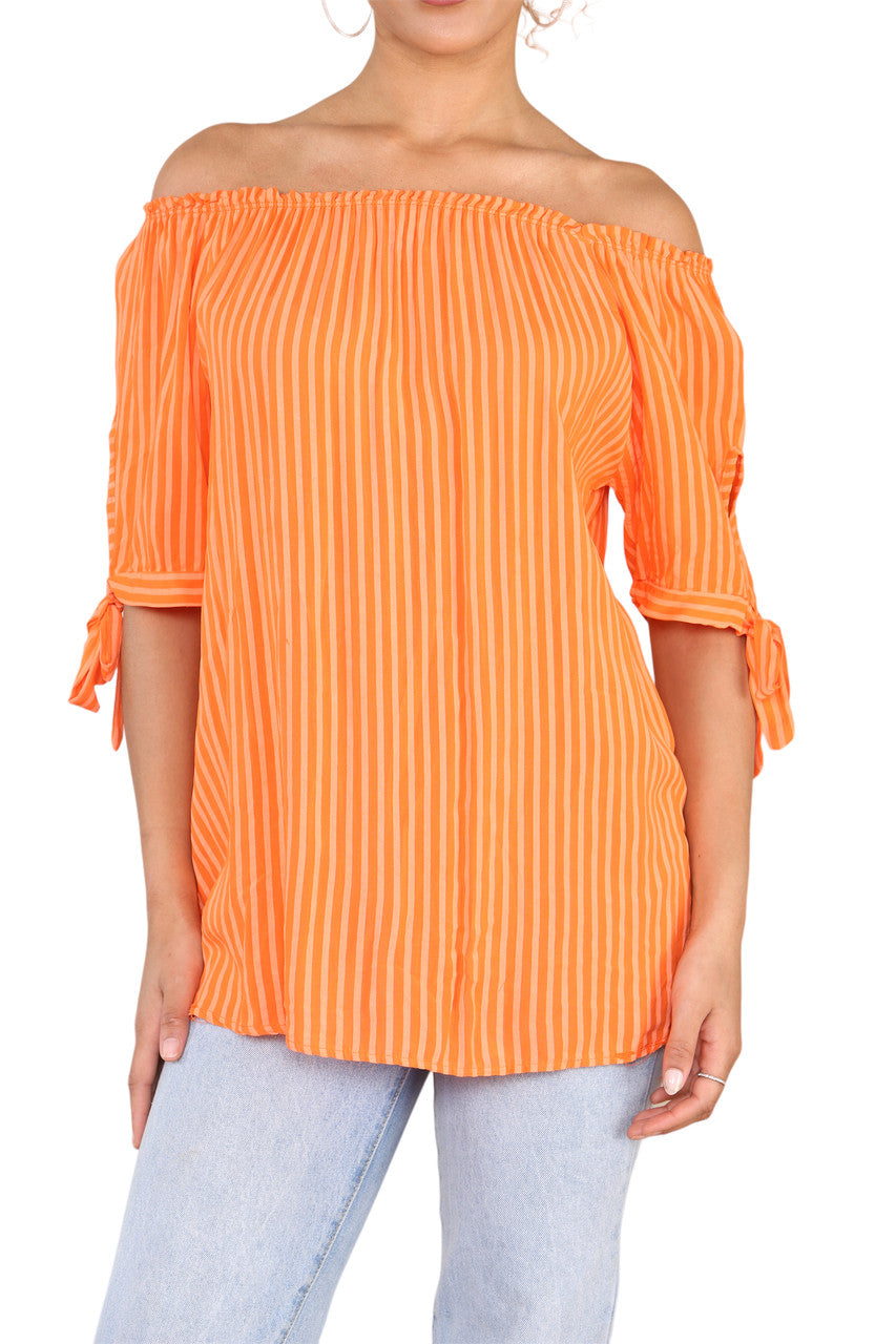 Ladies Bardot Off The Shoulder Stripe Top Orange
