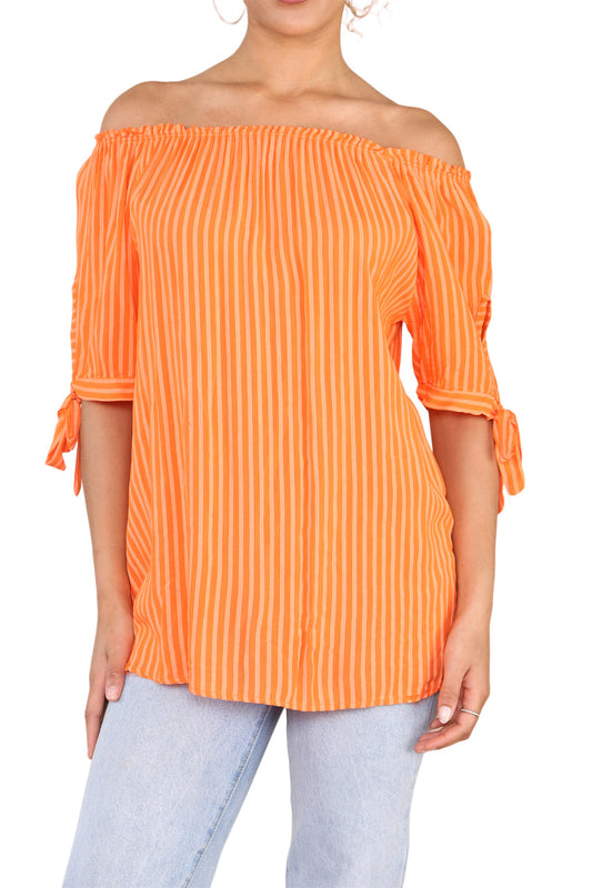 Ladies Bardot Off The Shoulder Stripe Top Orange