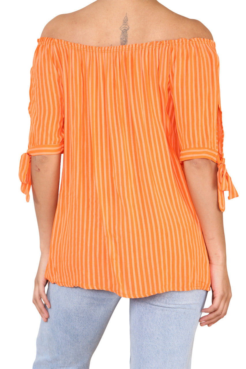 Ladies Bardot Off The Shoulder Stripe Top Orange