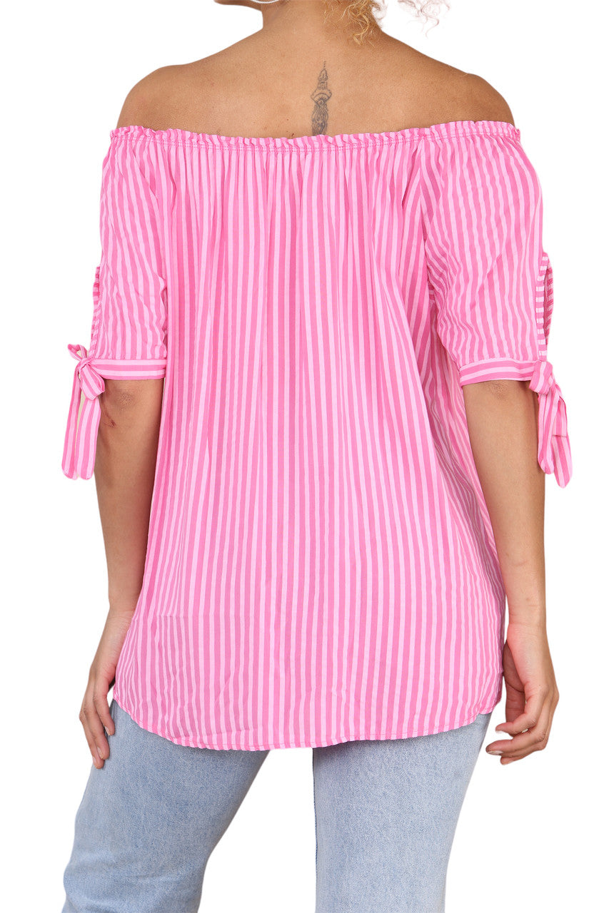 Ladies Bardot Off The Shoulder Stripe Top Cerise