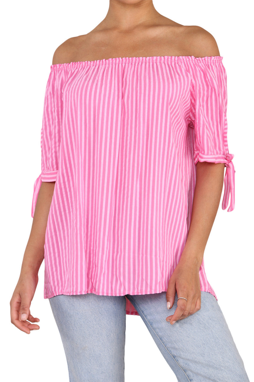 Ladies Bardot Off The Shoulder Stripe Top Cerise