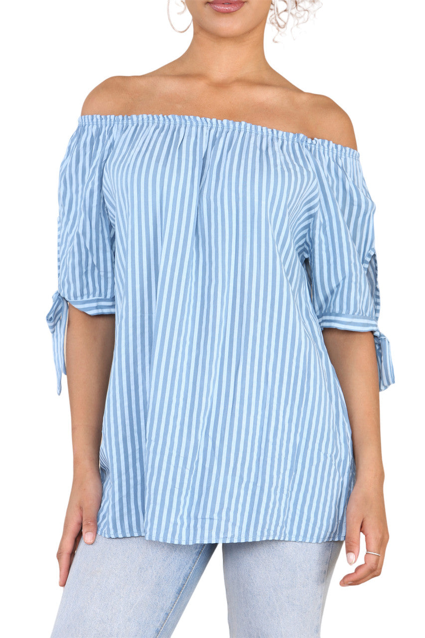 Dames Bardot Off-Shoulder Gestreepte Top Denim