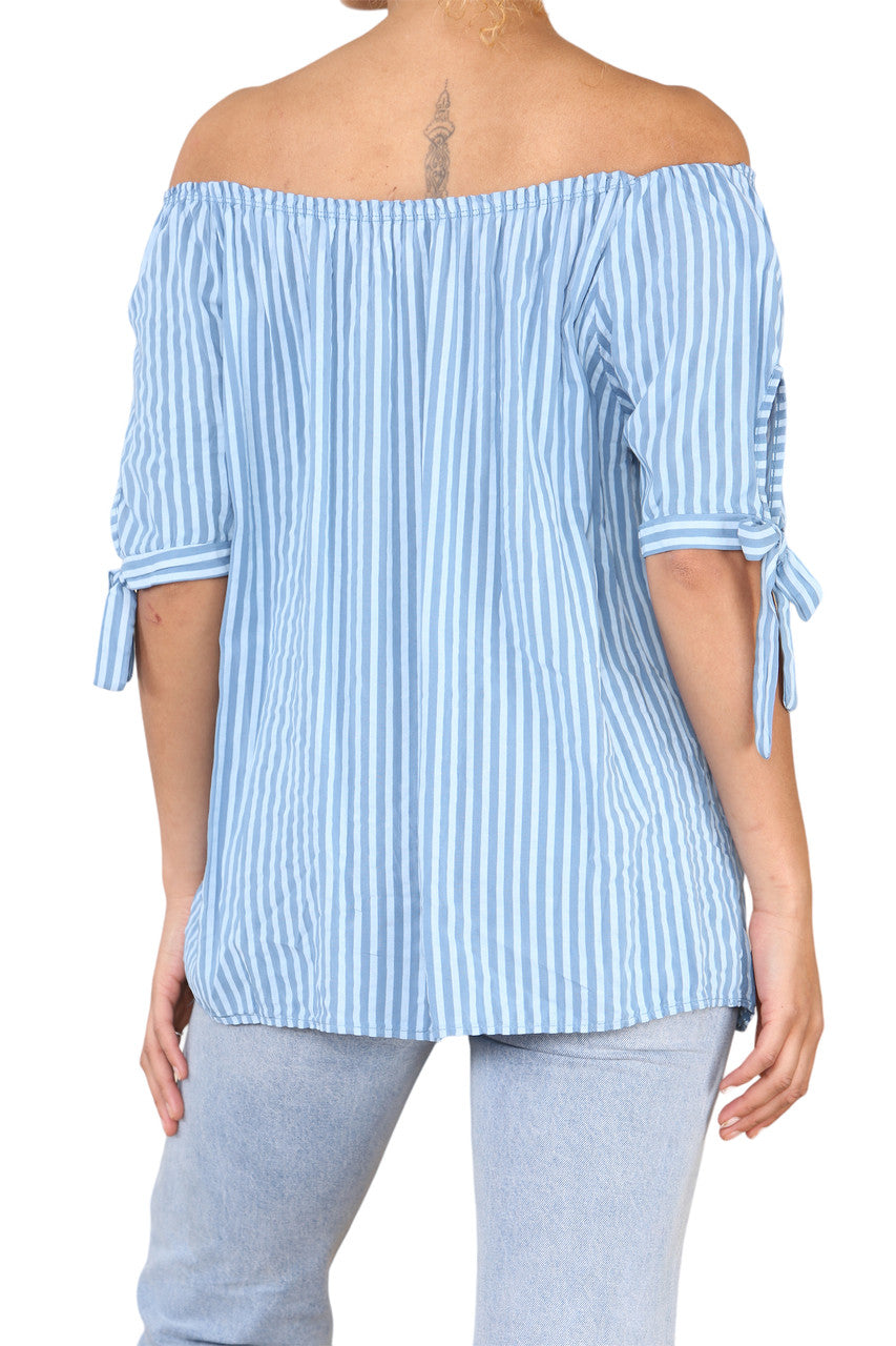 Dames Bardot Off-Shoulder Gestreepte Top Denim