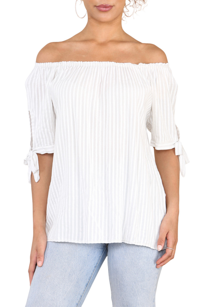 Ladies Bardot Off The Shoulder Stripe Top Stone