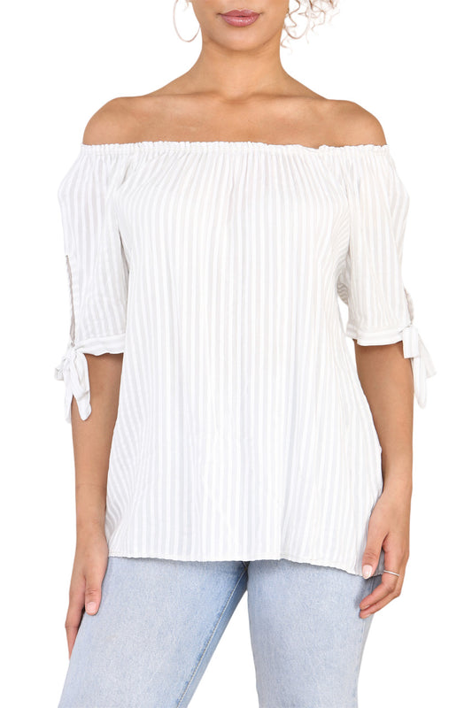 Ladies Bardot Off The Shoulder Stripe Top Stone