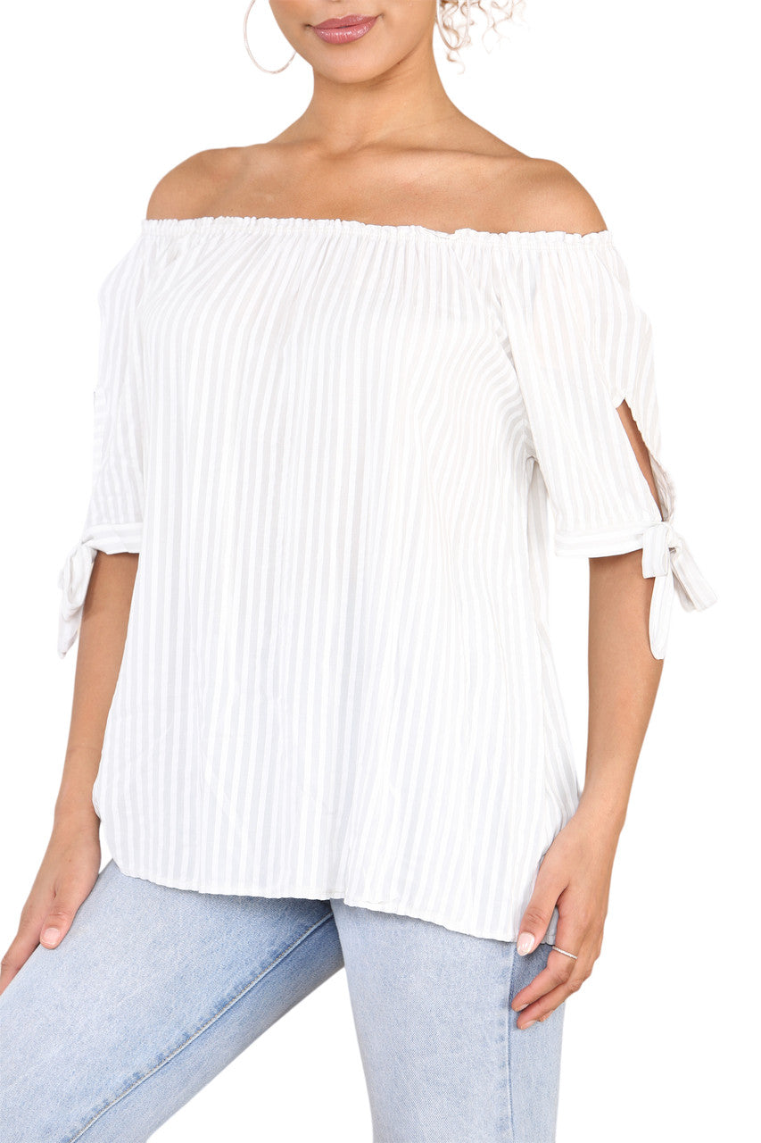 Ladies Bardot Off The Shoulder Stripe Top Stone