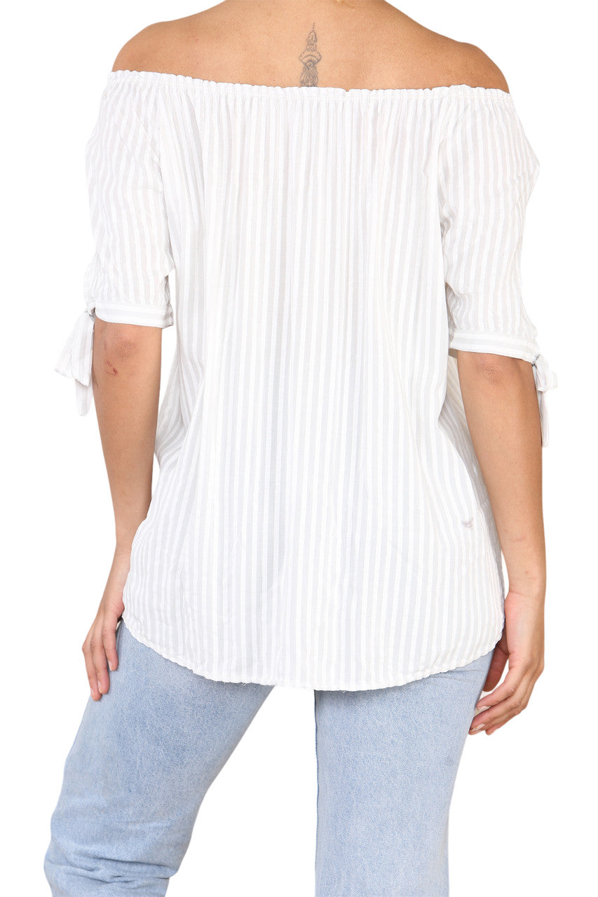 Ladies Bardot Off The Shoulder Stripe Top Stone