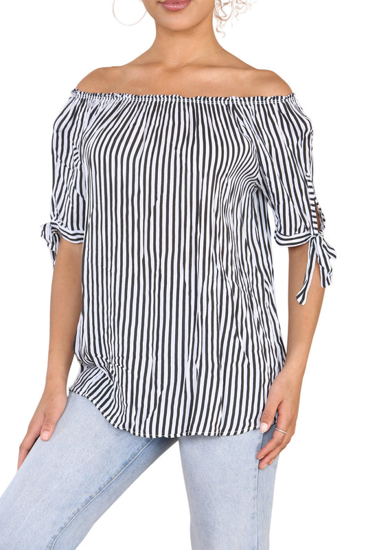 Ladies Bardot Off The Shoulder Stripe Top Black