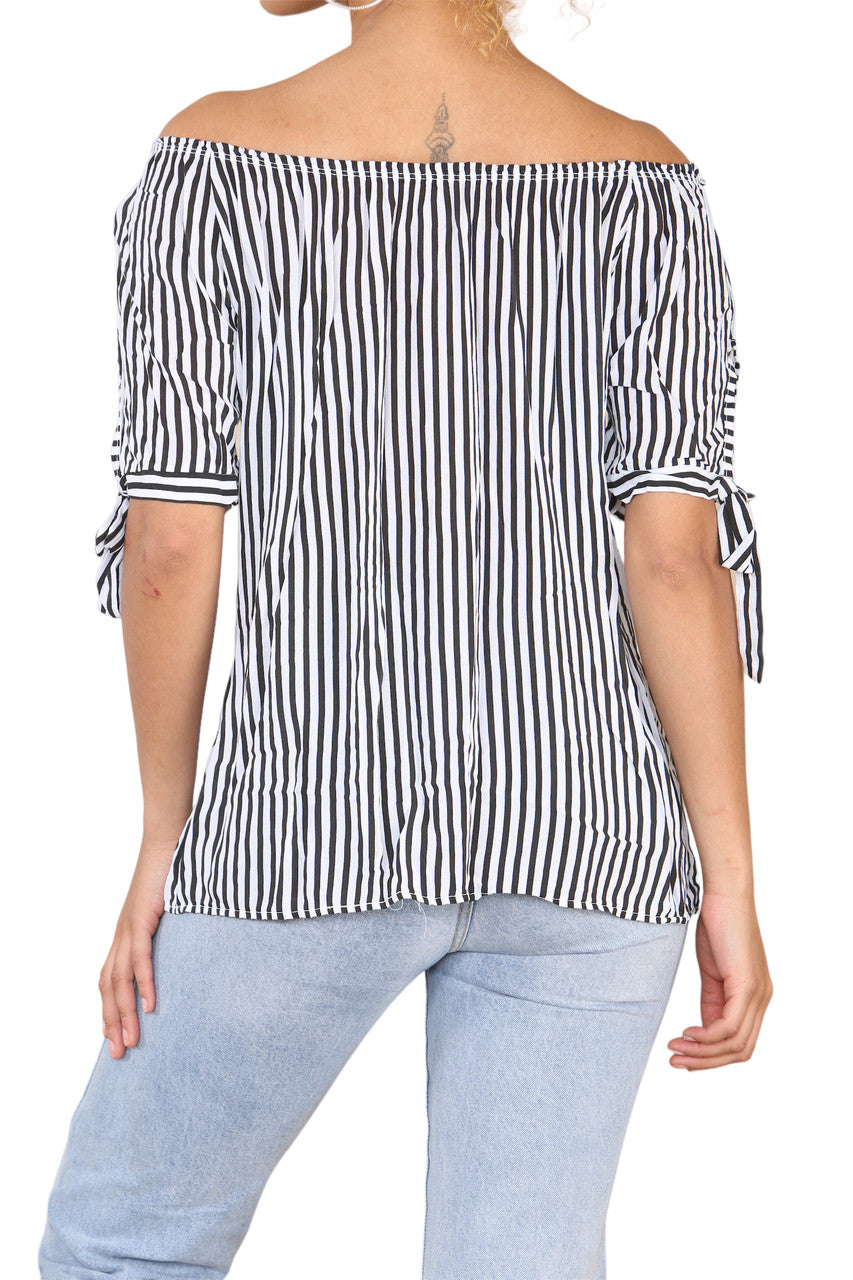 Ladies Bardot Off The Shoulder Stripe Top Black