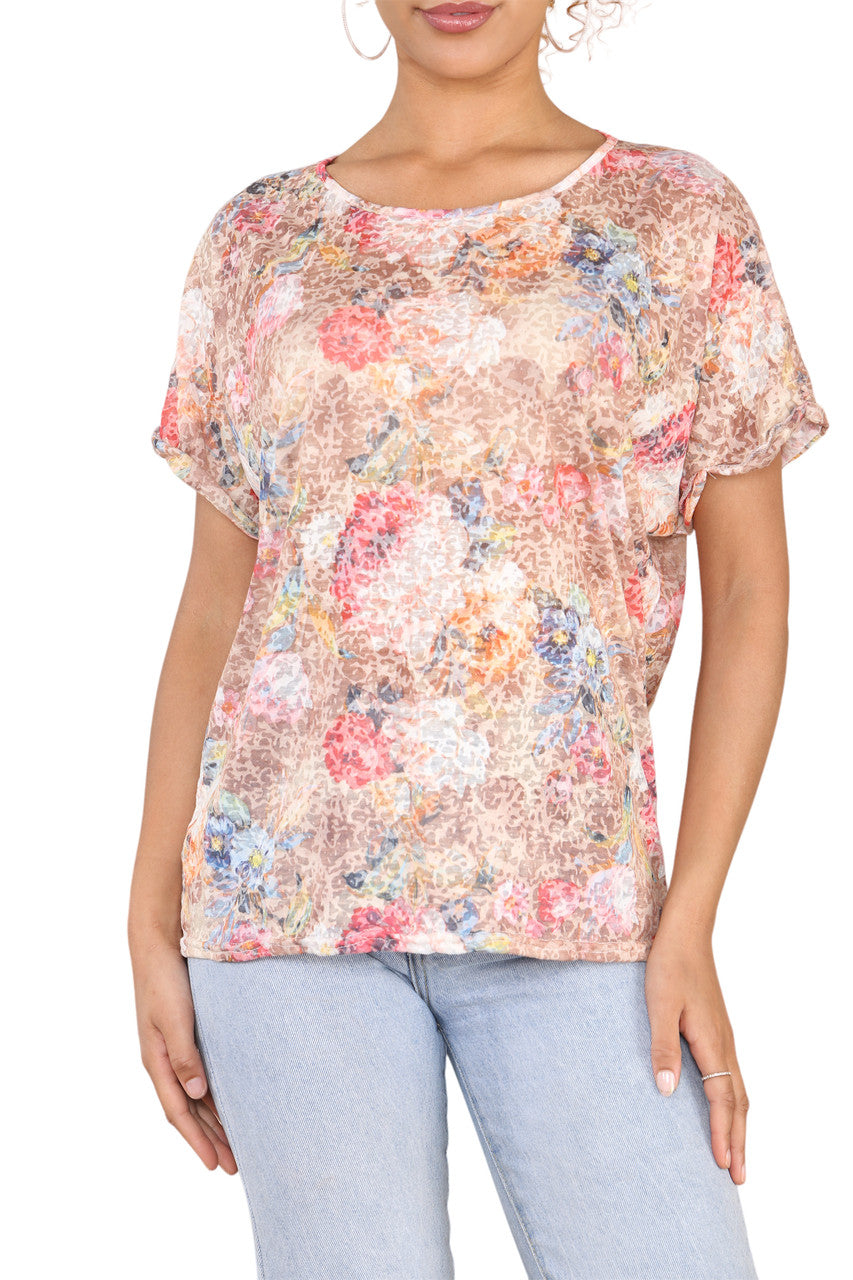 Ladies Floral Rose Print Burnout Top Pink