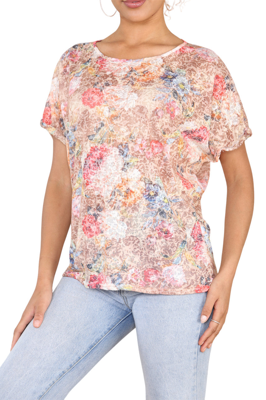 Ladies Floral Rose Print Burnout Top Pink