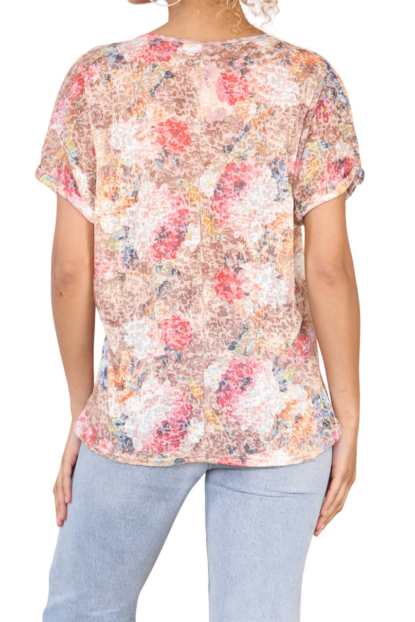 Ladies Floral Rose Print Burnout Top Pink