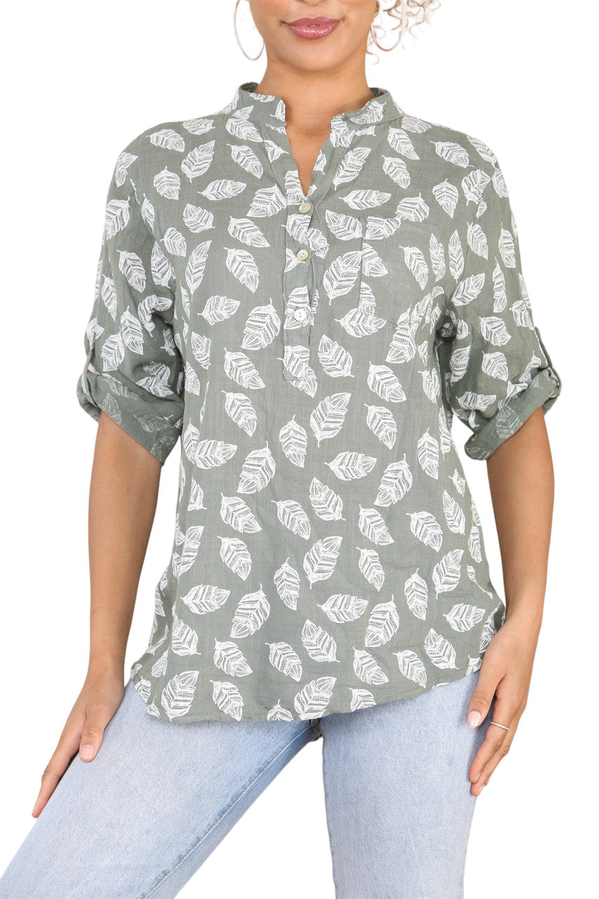 FEATHER PRINT GRANDAD SHIRT KHAKI