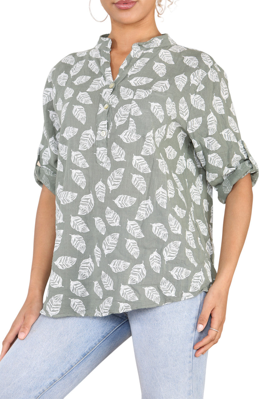 FEATHER PRINT GRANDAD SHIRT KHAKI