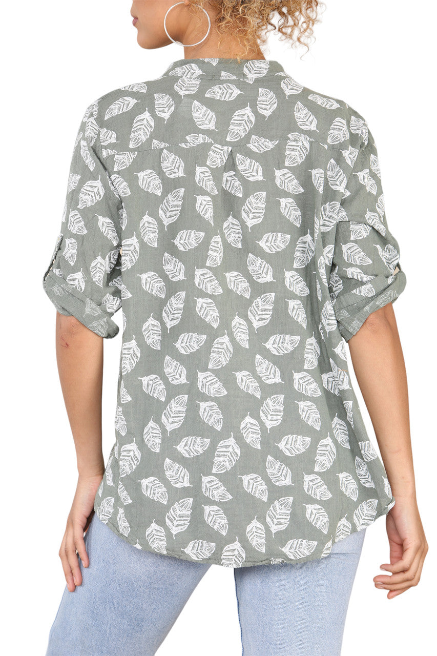 FEATHER PRINT GRANDAD SHIRT KHAKI