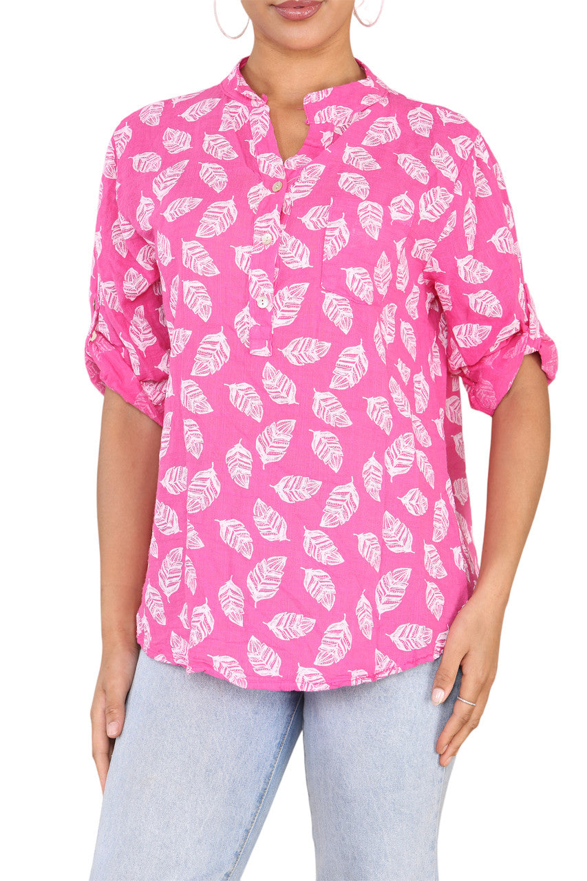 FEATHER PRINT GRANDAD SHIRT CERISE