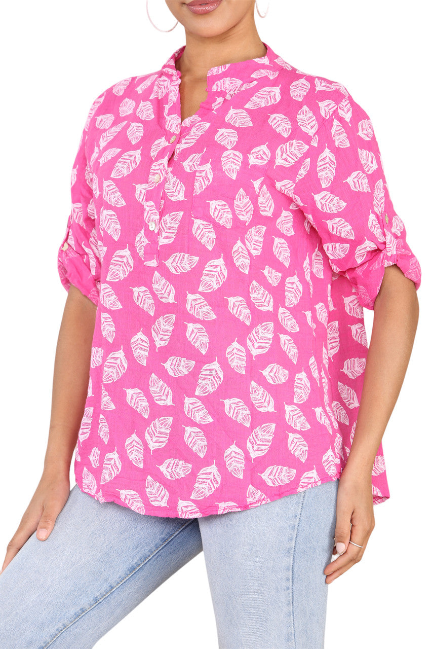 FEATHER PRINT GRANDAD SHIRT CERISE