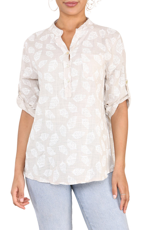 FEATHER PRINT GRANDAD SHIRT STONE